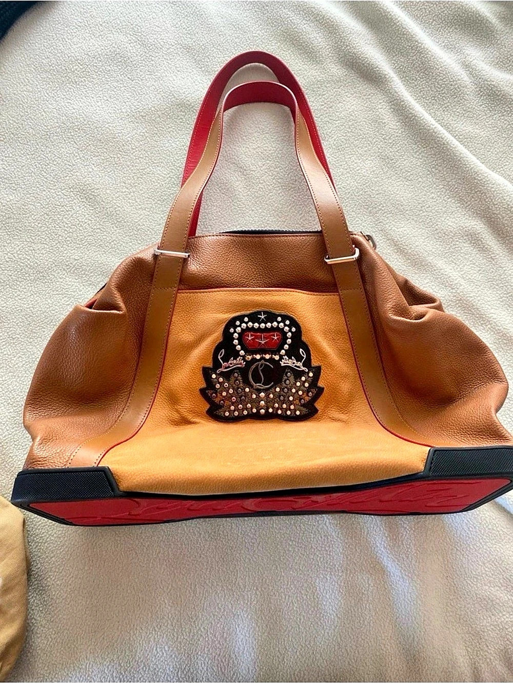 Christian Louboutin Cabado Leather Tote in Brown & Red